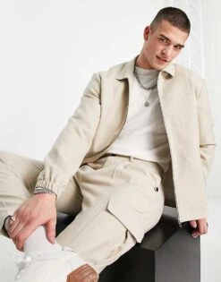 Topman Flannel Harrington Jacket In Off White Co-ord For Men -Daily Wardrobe Shop 200510366 1 offwhite 1