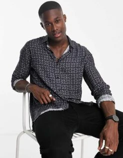 Topman Formal Geo Tile Print Shirt In Black For Men -Daily Wardrobe Shop 200591494 1 black 1