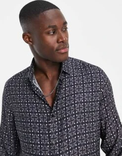 Topman Formal Geo Tile Print Shirt In Black For Men -Daily Wardrobe Shop 200591494 3
