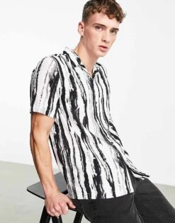 Topman Painted Stripe Shirt In Mono For Men Black -Daily Wardrobe Shop 200634566 1 black 1