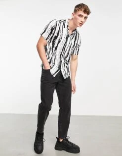 Topman Painted Stripe Shirt In Mono For Men Black -Daily Wardrobe Shop 200634566 2