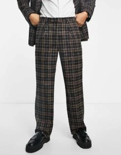Topman Check Wide Leg Trousers In Brown For Men -Daily Wardrobe Shop 200782000 1 brown 1
