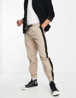 Topman Relaxed Side Stripe Trousers With Elasticated Waistband In Stone For Men -Daily Wardrobe Shop 200988980 1 stone 1