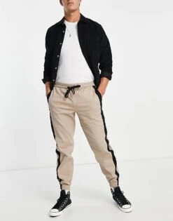 Topman Relaxed Side Stripe Trousers With Elasticated Waistband In Stone For Men -Daily Wardrobe Shop 200988980 2