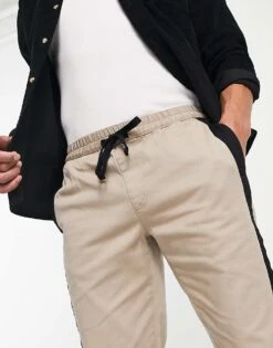Topman Relaxed Side Stripe Trousers With Elasticated Waistband In Stone For Men -Daily Wardrobe Shop 200988980 4