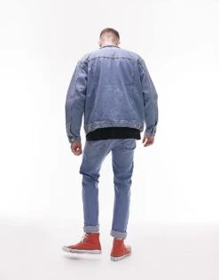 Topman Oversized Denim Jacket In Blue For Men Mid Wash 10 Topman Oversized Denim Jacket In Blue For Men Mid Wash -Daily Wardrobe Shop 201741377 4