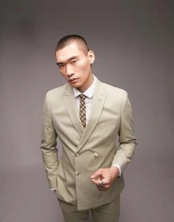 Topman Slim Double Breasted Suit Jacket In Light Khaki For Men -Daily Wardrobe Shop 201993364 1 lightkhaki 1