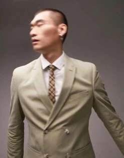 Topman Slim Double Breasted Suit Jacket In Light Khaki For Men -Daily Wardrobe Shop 201993364 3