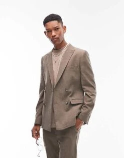 Topman Super Skinny Herringbone Double Breasted Suit Jacket In Brown For Men -Daily Wardrobe Shop 201994156 1 brown 1