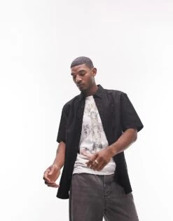 Topman Relaxed Short Sleeve Oxford Shirt In Black For Men -Daily Wardrobe Shop 202197842 1 black 1