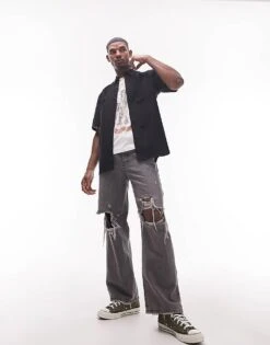 Topman Relaxed Short Sleeve Oxford Shirt In Black For Men -Daily Wardrobe Shop 202197842 3