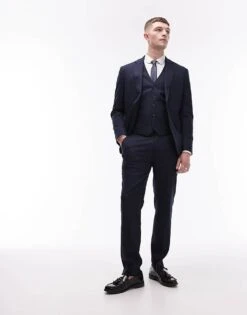 Topman Stretch Slim Textured Suit Trousers In Navy For Men -Daily Wardrobe Shop 202299988 3