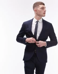 Topman Stretch Super Skinny Textured Suit Jacket In Navy For Men