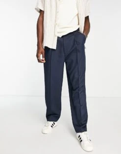 Topman Wide Leg Pronounced Twill Trousers In Navy For Men
