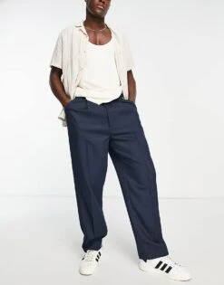 Topman Wide Leg Pronounced Twill Trousers In Navy For Men -Daily Wardrobe Shop 202816972 4