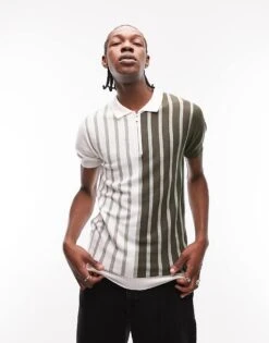 Topman Knitted Polo With Stripe In Sage For Men -Daily Wardrobe Shop 202905297 1 sage 1