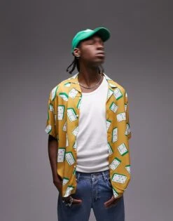 Topman Viscose Revere Shirt In Domino Print For Men Mustard Print