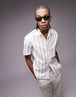 Topman Sage Green Stripe Oxford Revere Shirt For Men