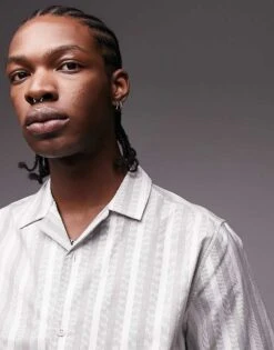 Topman Sage Green Stripe Oxford Revere Shirt For Men -Daily Wardrobe Shop 203378122 3