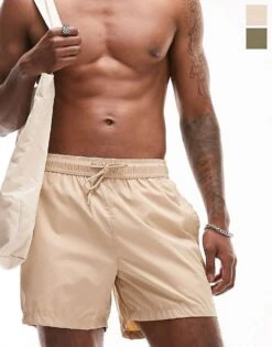 Topman 2 Pack Swim Shorts In Stone And Khaki For Men Stone & Khaki