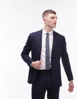 Topman Skinny Textured Suit Jacket In Navy For Men -Daily Wardrobe Shop 203868688 1 navy 1
