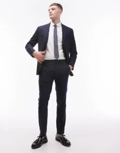 Topman Skinny Textured Suit Jacket In Navy For Men -Daily Wardrobe Shop 203868688 4