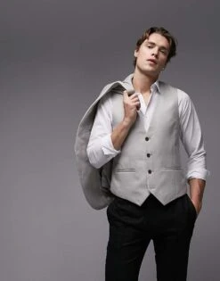 Topman Slim Linen Blend Waistcoat In Stone For Men -Daily Wardrobe Shop 203987529 1 stone 1