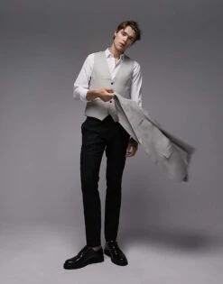 Topman Slim Linen Blend Waistcoat In Stone For Men -Daily Wardrobe Shop 203987529 4