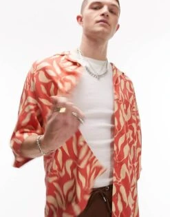 Topman Short Sleeve Relaxed Fit Leaf Printed Revere Shirt In Multi For Men Ecru -Daily Wardrobe Shop 204542820 2