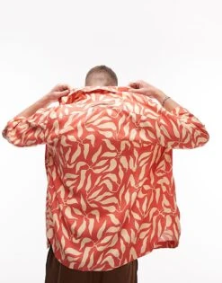 Topman Short Sleeve Relaxed Fit Leaf Printed Revere Shirt In Multi For Men Ecru -Daily Wardrobe Shop 204542820 3