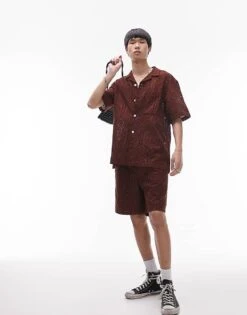 Topman Short Sleeve Relaxed Fit Revere Broderie Shirt In Brown For Men -Daily Wardrobe Shop 204630103 2