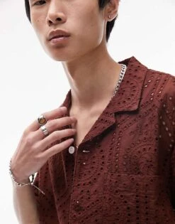Topman Short Sleeve Relaxed Fit Revere Broderie Shirt In Brown For Men -Daily Wardrobe Shop 204630103 3