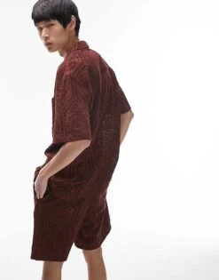 Topman Short Sleeve Relaxed Fit Revere Broderie Shirt In Brown For Men -Daily Wardrobe Shop 204630103 4