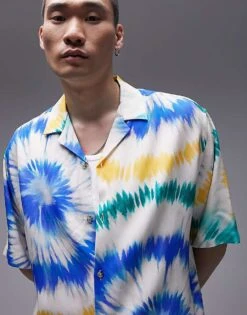 Topman Short Sleeve Regular Fit Revere Tie Dye Shirt In Multi For Men -Daily Wardrobe Shop 204779225 3