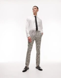 Topman Beige Check Suit Trousers For Men