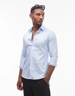 Topman Long Sleeve Stretch Shirt In Blue For Men -Daily Wardrobe Shop 205017218 1 blue 1