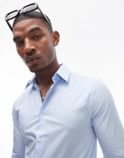 Topman Long Sleeve Stretch Shirt In Blue For Men -Daily Wardrobe Shop 205017218 3