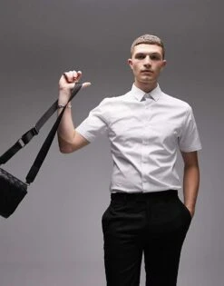 Topman Short Sleeve Stretch Fit Shirt In White For Men -Daily Wardrobe Shop 205017259 4