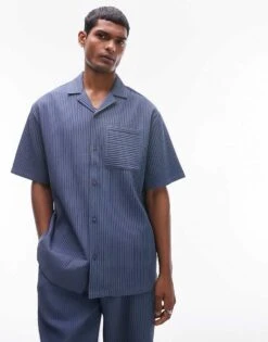 Topman Co-ord Short Sleeve Plisse Shirt In Mid Blue For Men -Daily Wardrobe Shop 205138475 1 blue 1
