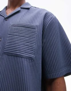 Topman Co-ord Short Sleeve Plisse Shirt In Mid Blue For Men -Daily Wardrobe Shop 205138475 3
