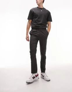 Topman Skinny Smart Trousers With Elasticated Waistband In Charcoal For Men -Daily Wardrobe Shop 205376600 1 charcoal 1
