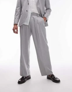 Topman Wide Leg Linen Blend Suit Trouser In Grey For Men Light Grey -Daily Wardrobe Shop 205400450 4