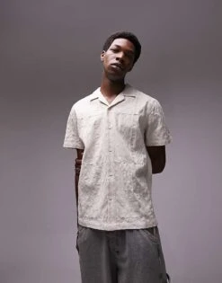 Topman Short Sleeve All Over Embroidered Shirt In Stone For Men -Daily Wardrobe Shop 205403585 3