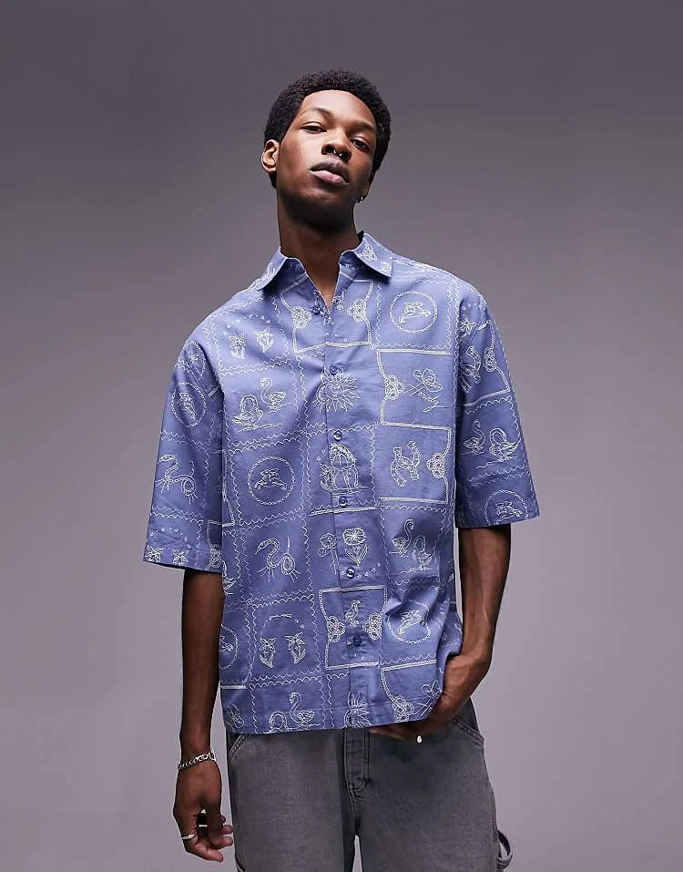 Topman Short Sleeve All Over Embroidered Relaxed Western Shirt In Blue For Men 7 Topman Short Sleeve All Over Embroidered Relaxed Western Shirt In Blue For Men - Image 5