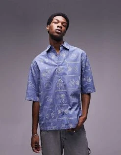 Topman Short Sleeve All Over Embroidered Relaxed Western Shirt In Blue For Men