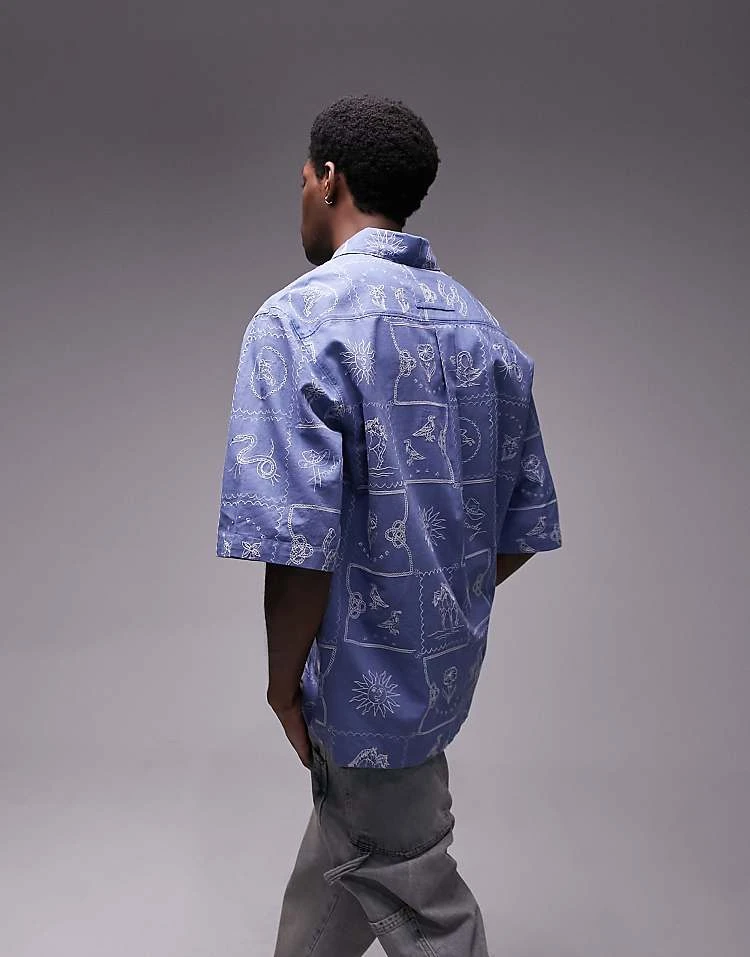 Topman Short Sleeve All Over Embroidered Relaxed Western Shirt In Blue For Men 4 Topman Short Sleeve All Over Embroidered Relaxed Western Shirt In Blue For Men - Image 2