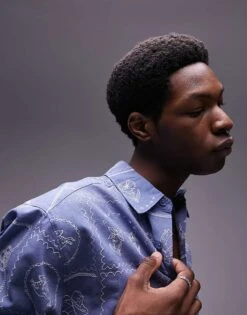 Topman Short Sleeve All Over Embroidered Relaxed Western Shirt In Blue For Men 9 Topman Short Sleeve All Over Embroidered Relaxed Western Shirt In Blue For Men -Daily Wardrobe Shop 205415494 3