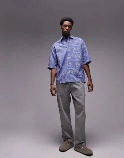 Topman Short Sleeve All Over Embroidered Relaxed Western Shirt In Blue For Men 10 Topman Short Sleeve All Over Embroidered Relaxed Western Shirt In Blue For Men -Daily Wardrobe Shop 205415494 4