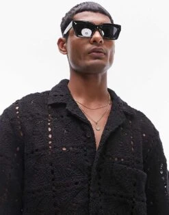 Topman Short Sleeve Crochet Revere Shirt In Black For Men -Daily Wardrobe Shop 205424935 1 black 1