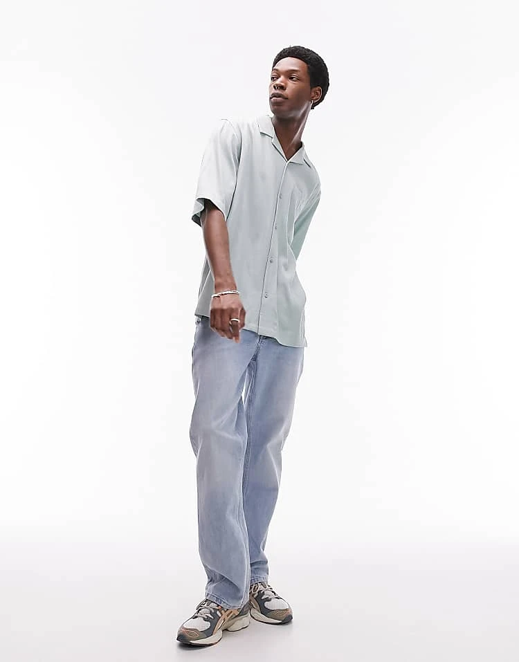 Topman Short Sleeve Relaxed Revere Textured Shirt In Sage For Men 4 Topman Short Sleeve Relaxed Revere Textured Shirt In Sage For Men - Image 2